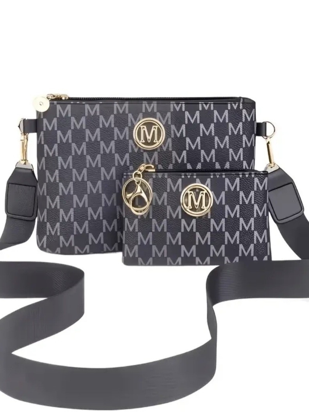 Monogram M Double-Pouch Crossbody Bag - Black with Gold Accents